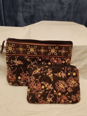 Quilted Floral Cosmetic Pouch Set in Brown